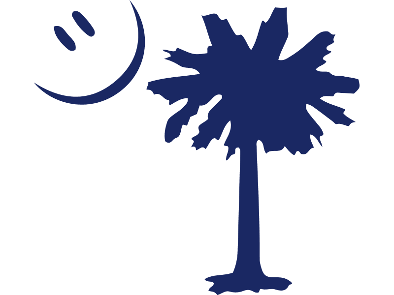 The palm tree of South Carolina in a navy blue silhouette next to a smiley face